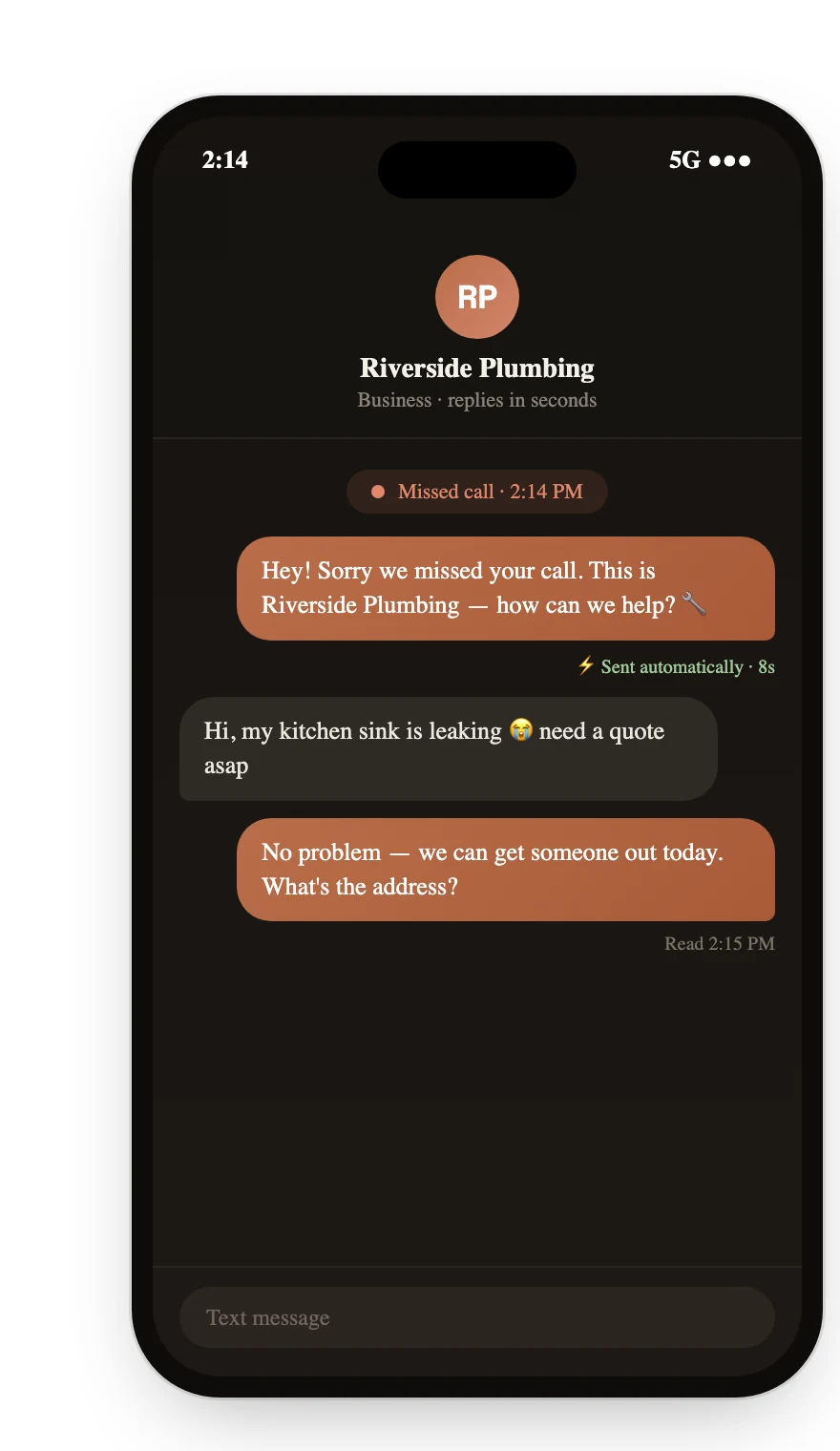 Missed-Call Text-Back: Every missed call gets an instant text back, so the job doesn't go to the next contractor.