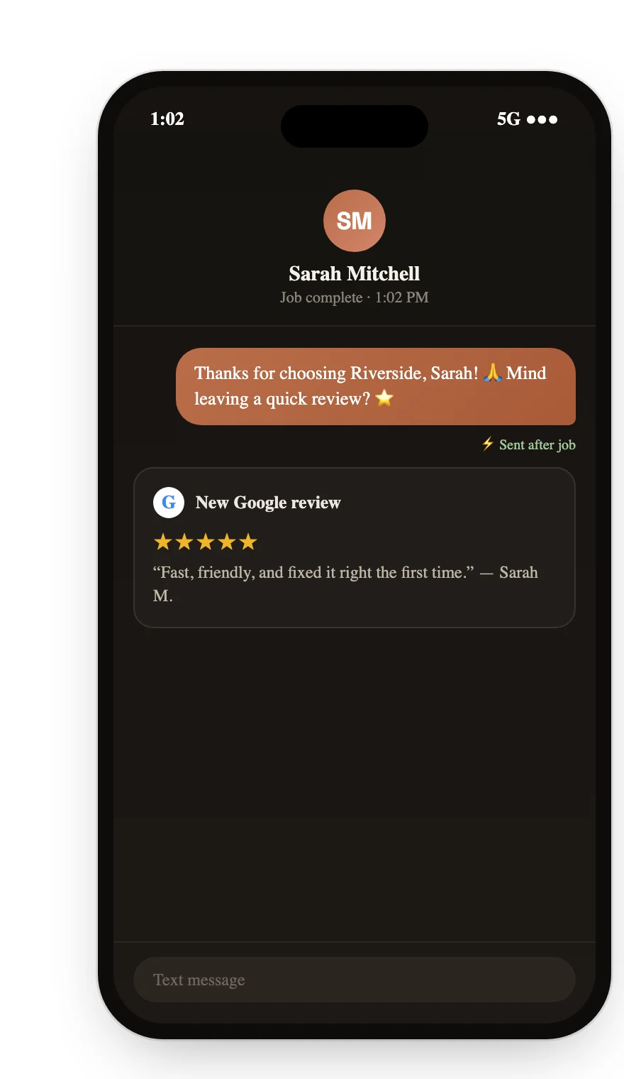 Review Engine: After every job, one tap turns happy customers into 5-star Google reviews.
