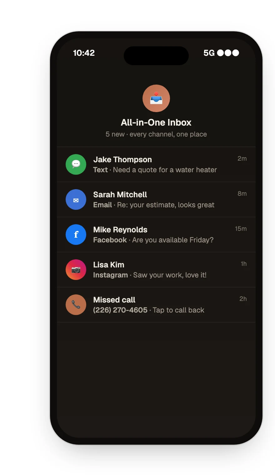 All-in-One Inbox: Calls, texts, email, Facebook, and Instagram all land in one inbox you answer from anywhere.